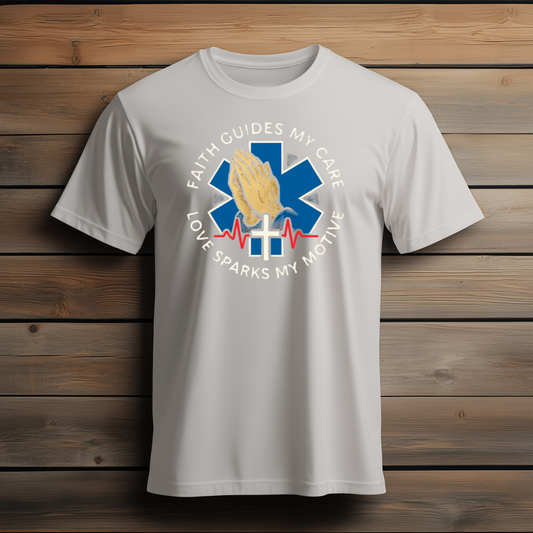 “Faith Guides My Care, Love Sparks My Motive” T-Shirt